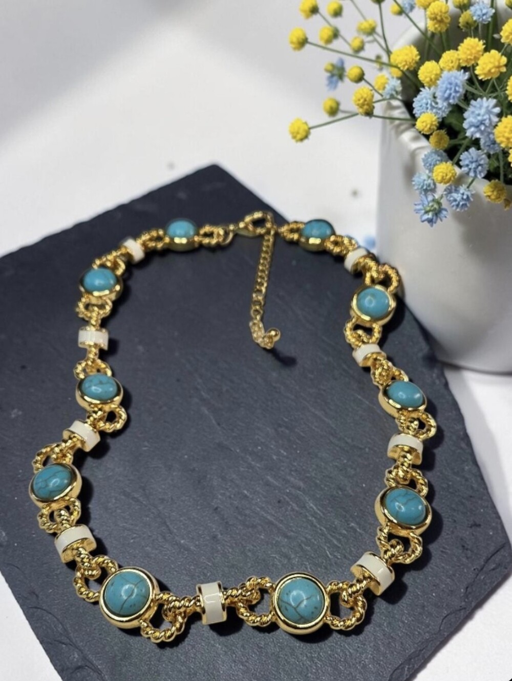 Chunky 18k Gold Plated Turquoise White Enamel Twisted Rope Chain Necklace